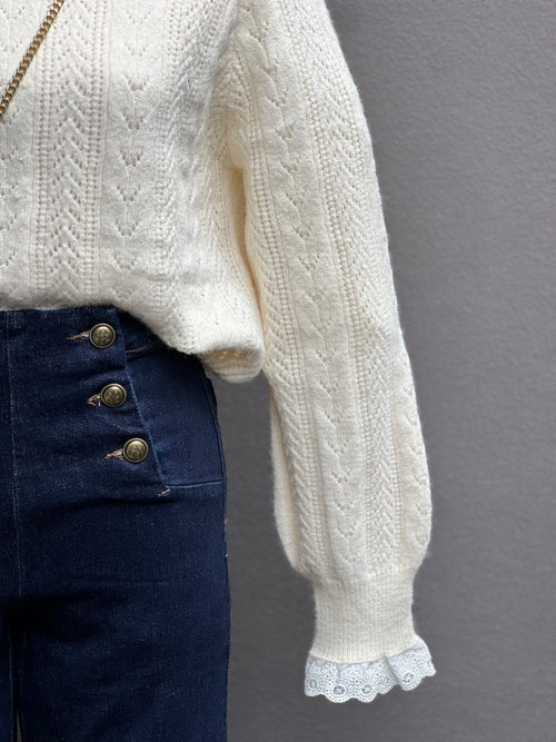Maison Torrini Paris Knit lace details ecru and dark wide leg denim