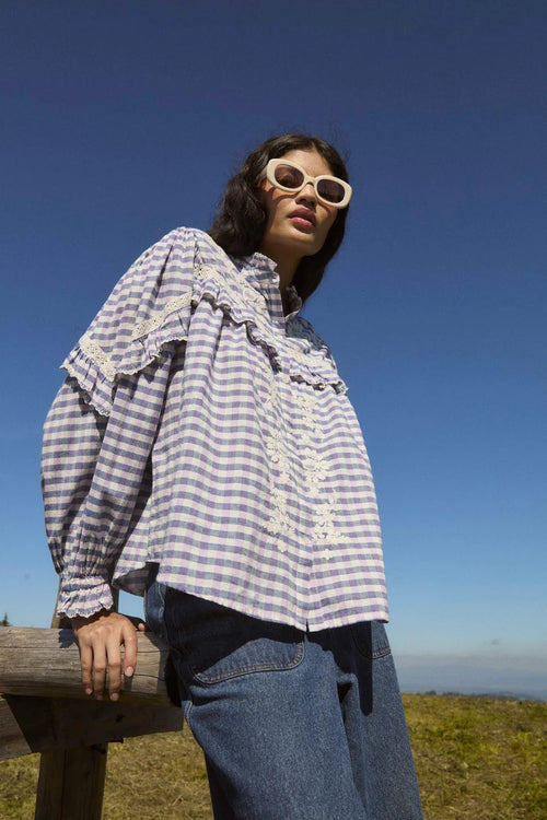 BLOUSE NOELIANNE BLUE/PURPLE CHECKS - LOUISE MISHA - MAISON TORRINI PARIS - FRENCH CLOTHING ONLINE