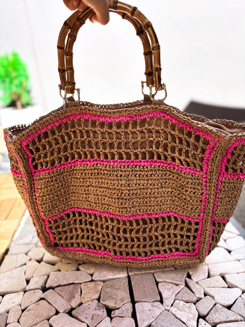 HANDBAG JADE PINK/TAUPE RAFFIA - PRE ORDER