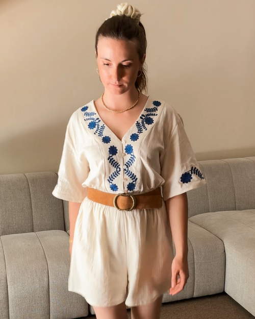 Jumpsuit Nala Embroidery Beige/Royal Blue