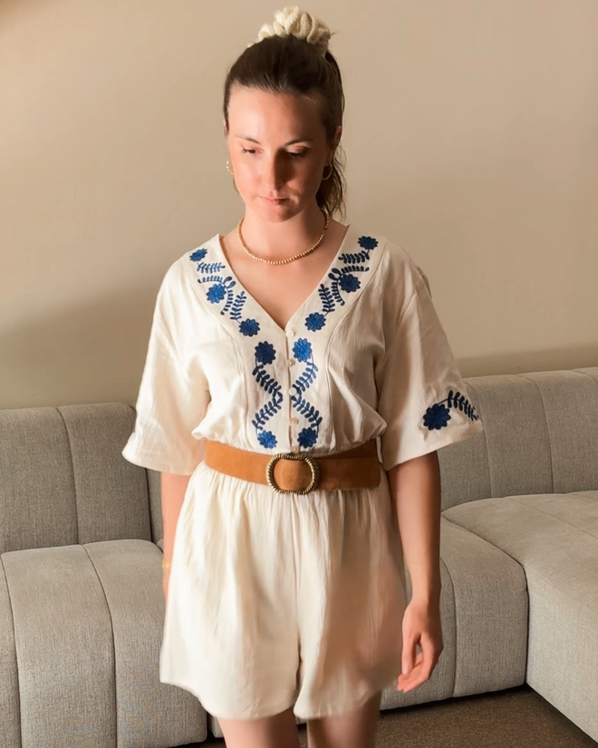 Jumpsuit Nala Embroidery Beige/Royal Blue