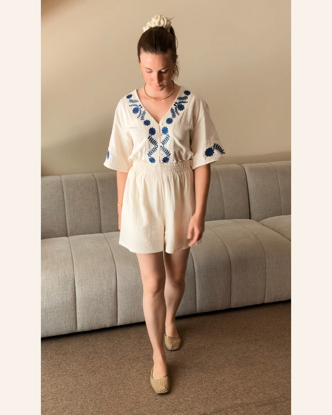 Jumpsuit Nala Embroidery Beige/Royal Blue
