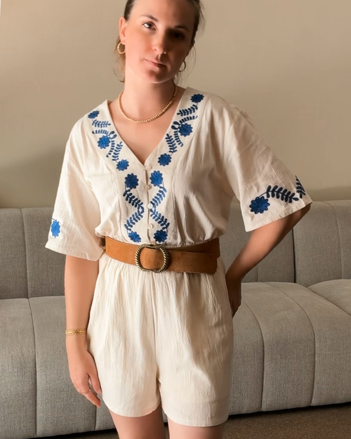 Jumpsuit Nala Embroidery Beige/Royal Blue