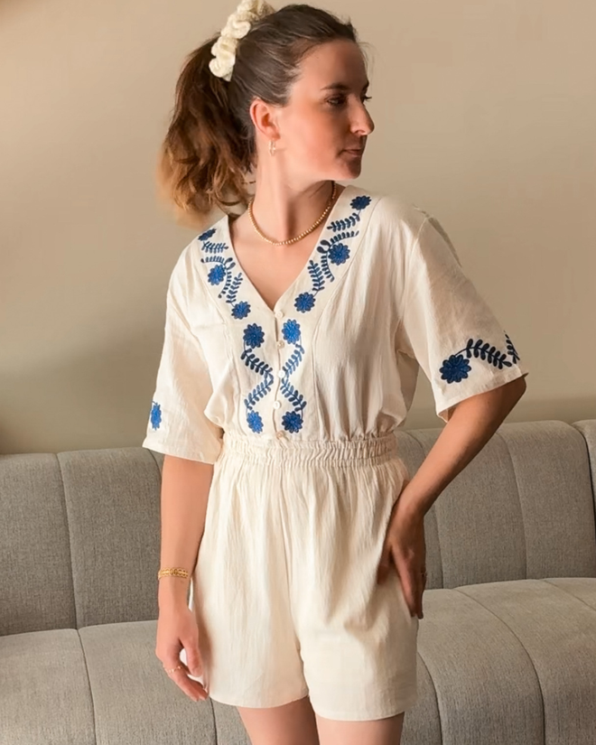 Jumpsuit Nala Embroidery Beige/Royal Blue