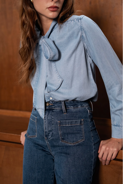 Maison Torrini Paris Chambray blouse bow tie