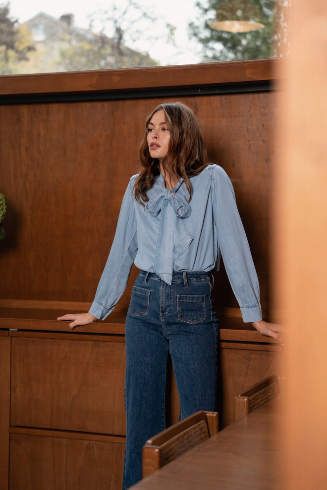 Maison Torrini Paris Chambray blouse romantic bow tie 