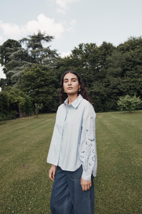 louise misha blue cotton shirt embroidered open work maison torrini paris